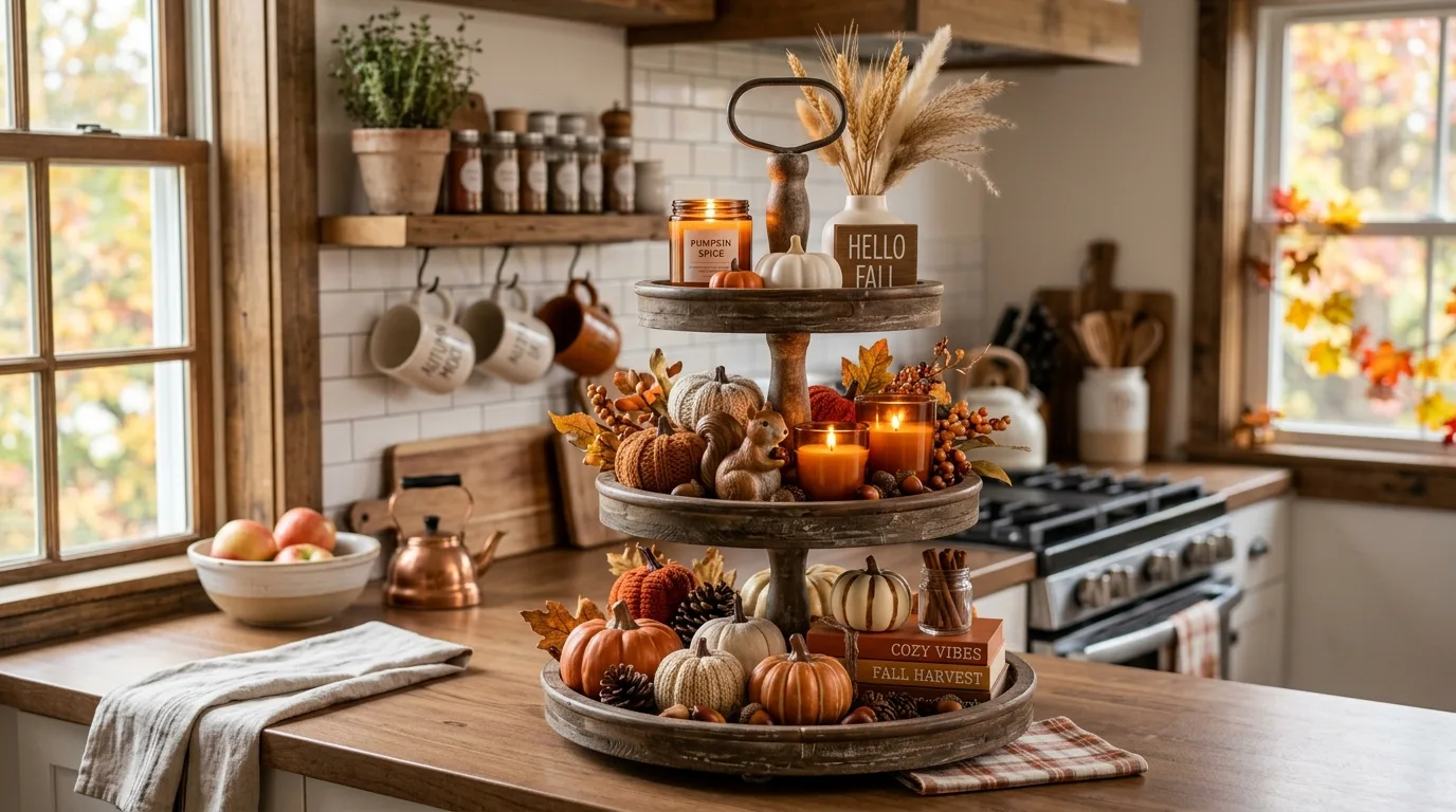 Kitchen counter with a fall tiered tray setup